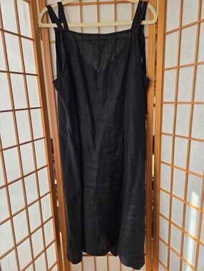 NEW DKNY  PURE 100% BLACK LINEN KNEE LENGTH SHOULDER STRAPS SUMMER DRESS LARGE